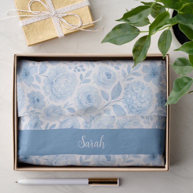 Blaue weiße Aquarell-Blumenmonogramm-Name Seidenpapier (Geschenk)