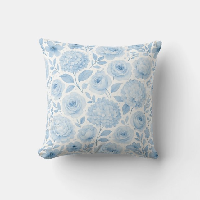 Blaue weiße Aquarell-Blumenmuster Kissen (Vorderseite)