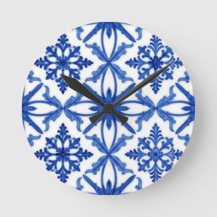 Blaue weiße Azulejo-Fliesen-Blumenmuster Runde Wanduhr