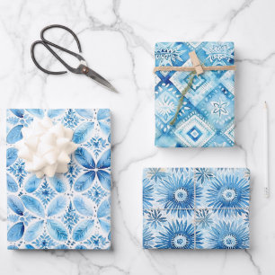 Blaue weiße Batik-Blumen-Brautparty Geschenkpapier Set