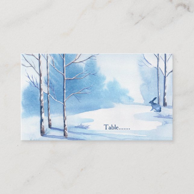 Blaue Weiße Bäume Rabbit Winter Hochzeit Platzkart Platzkarte (Vorderseite)