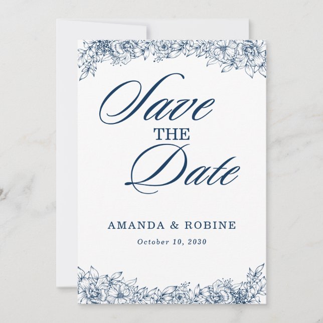 Blaue weiße Blume Elegant Save the Date einfach (Vorderseite)