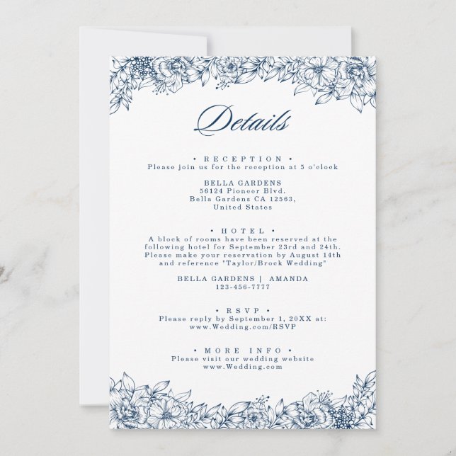 Blaue weiße Blume Elegante Details Einschließkarte Einladung (Vorderseite)