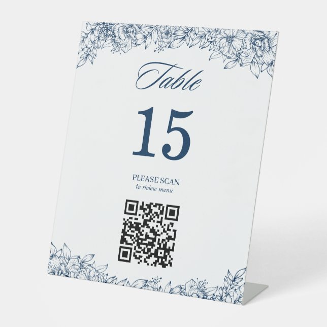 Blaue weiße Blume Elegante Tischnummer Sockelschild (Vorderseite)