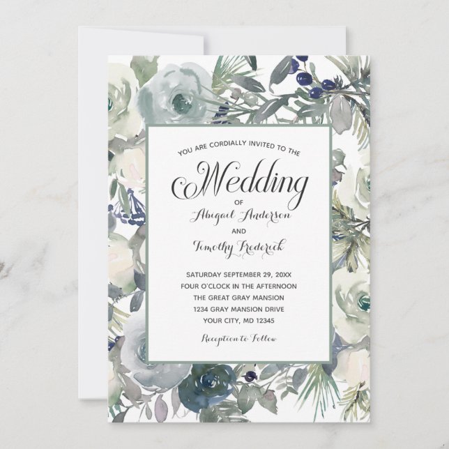 Blaue weiße Blumen Elegante Feierliche Hochzeit Einladung (Vorderseite)