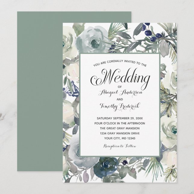 Blaue weiße Blumen Elegante Feierliche Hochzeit Einladung (Vorne/Hinten)