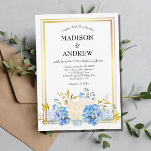 Blaue Weiße Blumen Goldrahmen Elegante Hochzeit Einladung