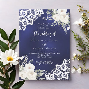 Blaue weiße Blumen Spitze Hochzeit Einladung