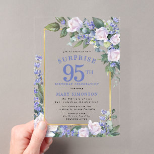 Blaue weiße Blumenparty zum 95. Geburtstag Überras Acryleinladungen