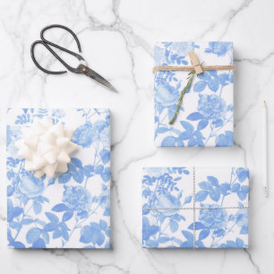 Blaue Weiße Blumenrosen Französisches Chinoiserie- Geschenkpapier Set