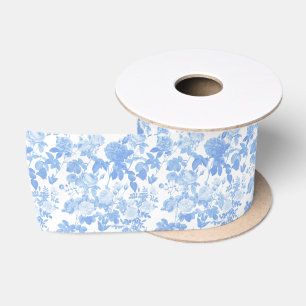 Blaue weiße Blumenrosen französisches Chinoiserie- Satinband