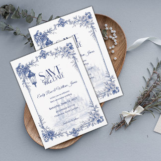 Blaue Weiße Blumige Chinoiserie-Gartenhochzeit Save The Date