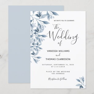 Blaue, weiße, botanische Hochzeit Einladung