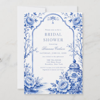 Blaue weiße Chinoiserie-Blumen-Brautparty Einladung