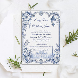 Blaue weiße Chinoiserie-Blumen-Estate-Hochzeit Einladung