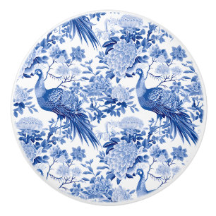 Blaue weiße Chinoiserie Blumen Pfauen Vögel Keramikknauf