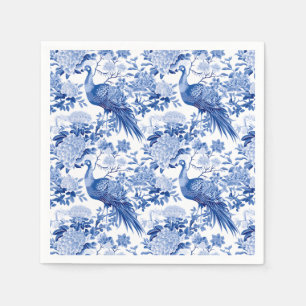 Blaue weiße Chinoiserie Blumen Pfauen Vögel Serviette