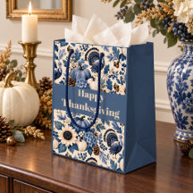 Blaue weiße Chinoiserie Thanksgiving-Puten-Blumen