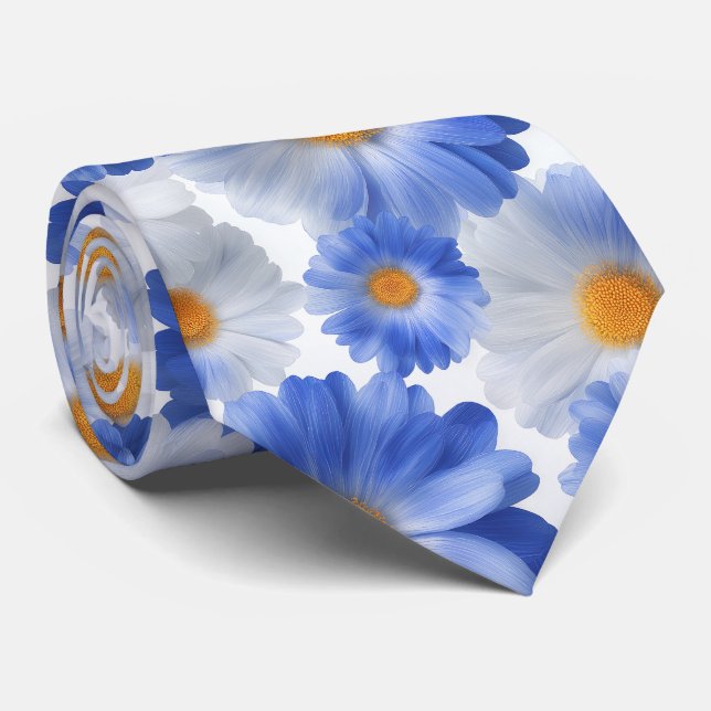 Blaue Weiße Daisy-Wasserfarbenmuster Krawatte (Gerollt)