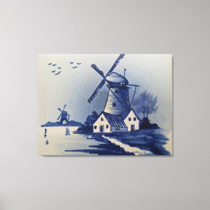 Blaue Weiße Delft Windmühle im Vintage-Stil Leinwanddruck