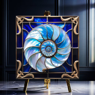 Blaue/Weiße Faux-Buntglas-Nautilus-Schale 3 Fliese