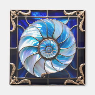 Blaue/Weiße Faux-Buntglas-Nautilus-Schnecke 3 Magnet
