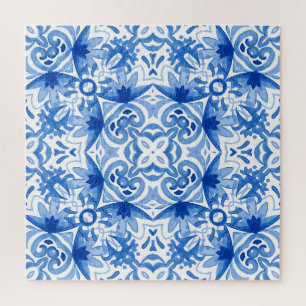 Blaue weiße Fliese, wasserfarbene nahtlose Muster.