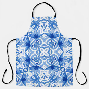 Blaue weiße Fliese, wasserfarbene nahtlose Muster. Schürze