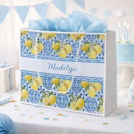 Blaue weiße Fliesen-Zitrone-Mittelmeer-Muster-Name Große Geschenktüte