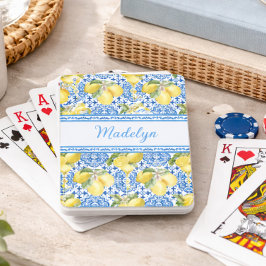 Blaue weiße Fliesen-Zitrone Mittelmeer-Muster-Name Spielkarten