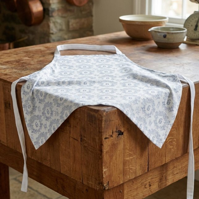 Blaue weiße französische Toile Monogramm-Muster Schürze (Von Creator hochgeladen)