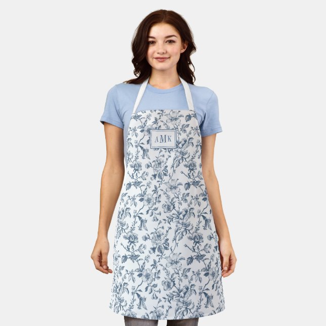 Blaue weiße französische Toile Monogramm Schürze (Getragen)
