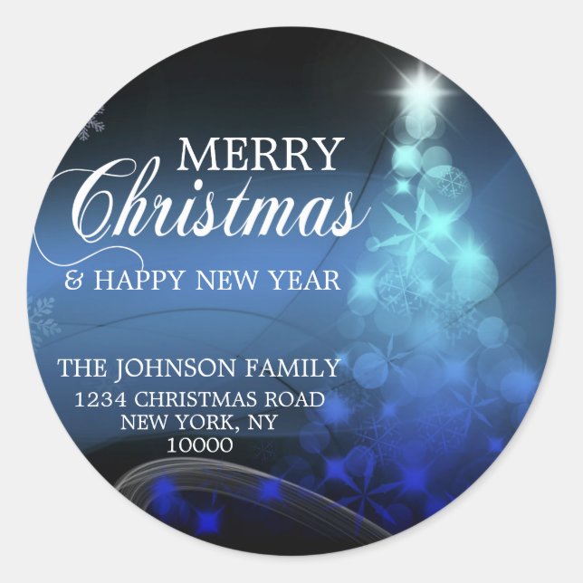 Blaue weiße FRÖHLICHE Runder Aufkleber (Vorderseite)