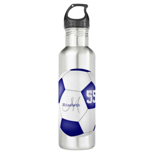 Blaue weiße Fußball Mädchen Name Jersey Nummer Edelstahlflasche (Vorderseite)