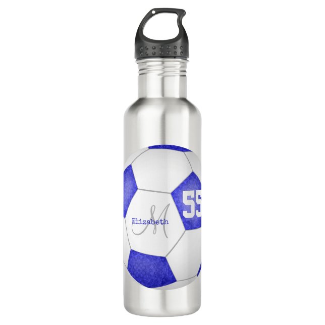 Blaue weiße Fußball-Mädchenname Jersey-Nummer Edelstahlflasche (Vorderseite)