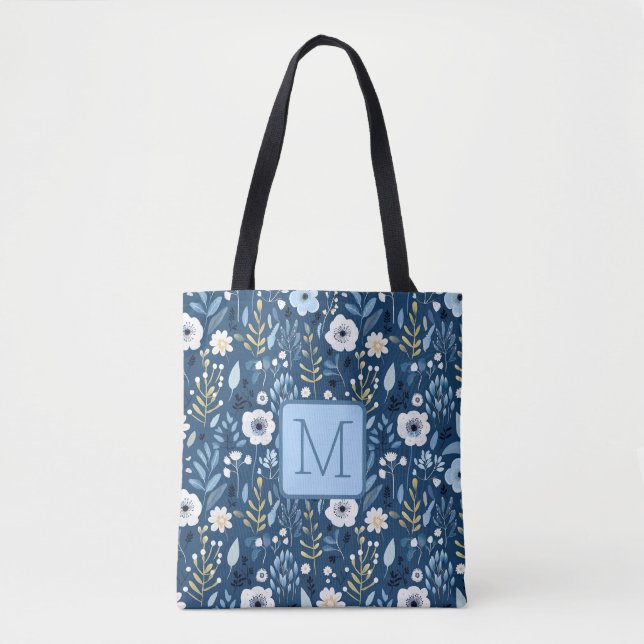 Blaue, weiße, gelbe Blumen Farbblock-Monogramm Tasche (Vorderseite)