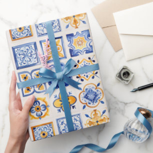 Blaue Weiße Gelbe Fliesen Muster Sommer Ästhetik  Geschenkpapier