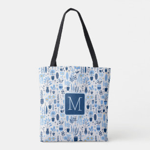 Blaue, weiße, gelbe Pflanzen Farbblock-Monogramm Tasche