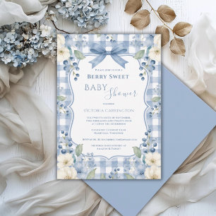 Blaue Weiße Gingham Berry Sweet Florale Babyparty Einladung