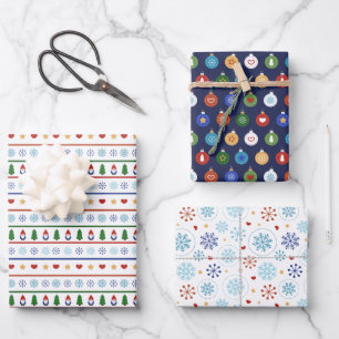 Blaue weiße Gnomaden Herz Schneeflocken Weihnacht Geschenkpapier Set