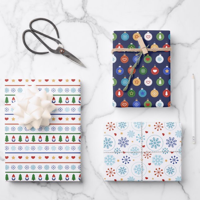 Blaue weiße Gnomaden Herz Schneeflocken Weihnachte Geschenkpapier Set (Vorderseite)