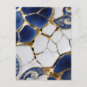 Blaue Weiße Gold Kintsugi Porzellan Mosaik Postkarte