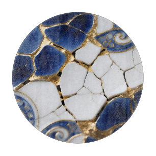 Blaue Weiße Gold Kintsugi Porzellan Mosaik Schneidebrett
