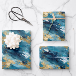 Blaue, Weiße & Goldene Abstrakte Malerei Geschenkpapier Set