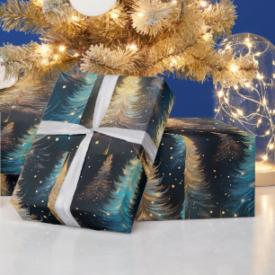Blaue Weiße Goldene Bäume Modernes Weihnachten Geschenkpapier