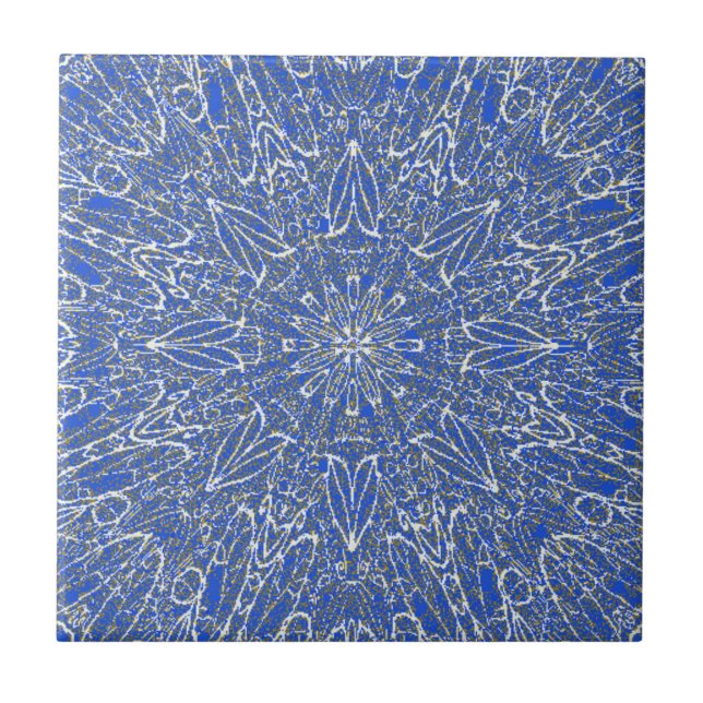 Blaue, weiße goldene geometrische Sternradkonstruk Fliese (Vorderseite)