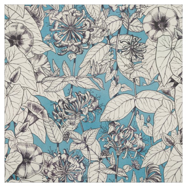 Blaue weiße Grafik Blumen Muster Stoff (Muster)