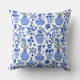 Blaue Weiße Grüne Chinoiserie-Vasenmuster Kissen