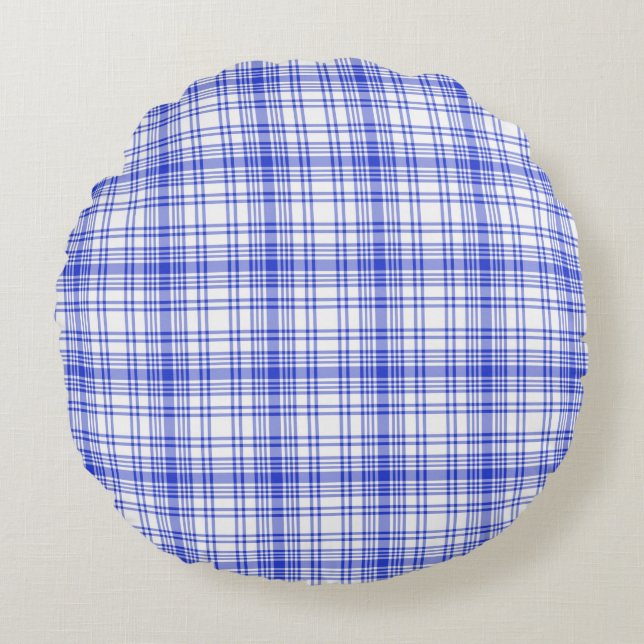 Blaue weiße karierte 2 rundes kissen (Vorderseite)