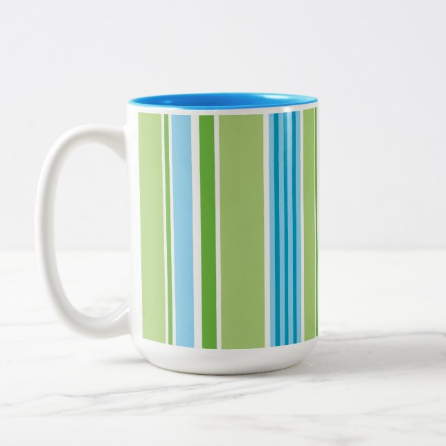 Blaue, weiße Linie Streifen Muster Zweifarbige Tasse (Links)
